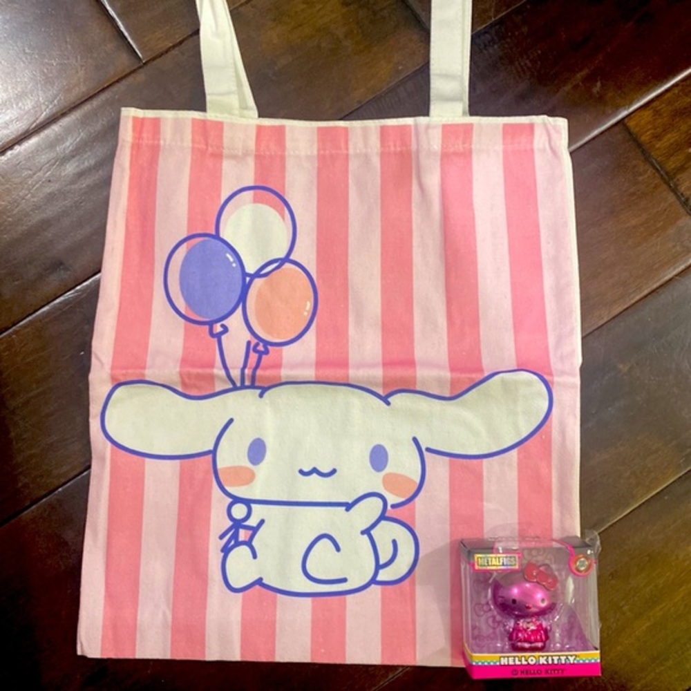 Sanrio Cinnamon Canvas Tote with Hot Pink Metallic Hello Kitty Figure.